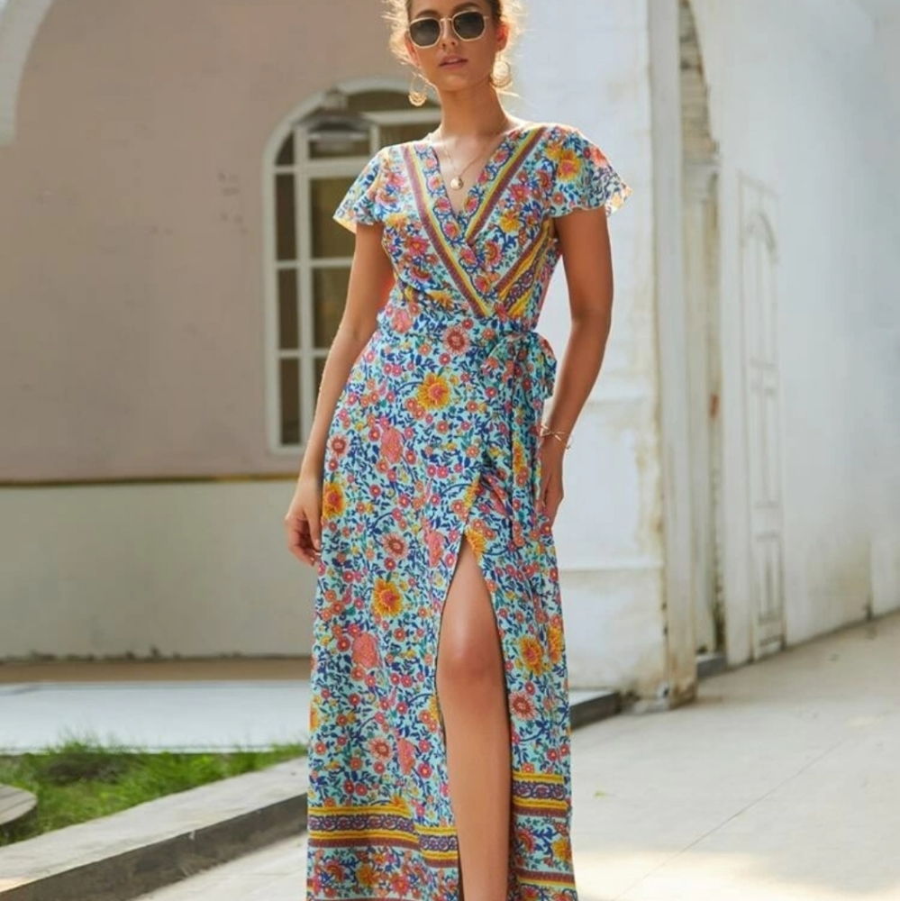 Bohemian Casual Women V-Neck Slit Long Dress